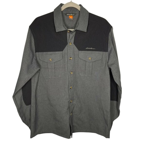 Eddie Bauer‎ Fleece Shirt Mens Size M Gray Jacket Button Front Elbow Patch EUC - Picture 1 of 8